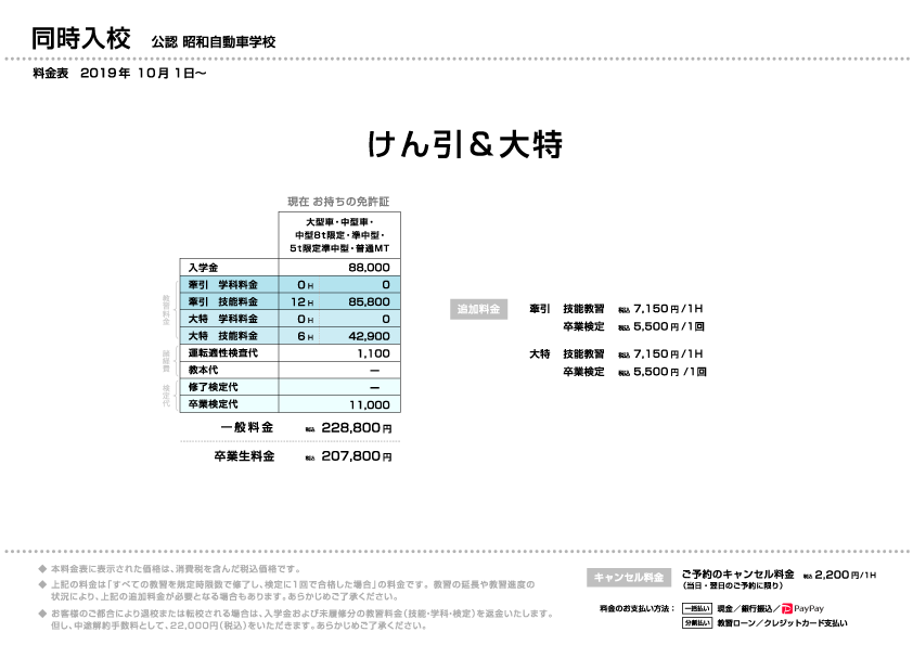 同時入校の料金表／昭和自動車学校（静岡県富士市）